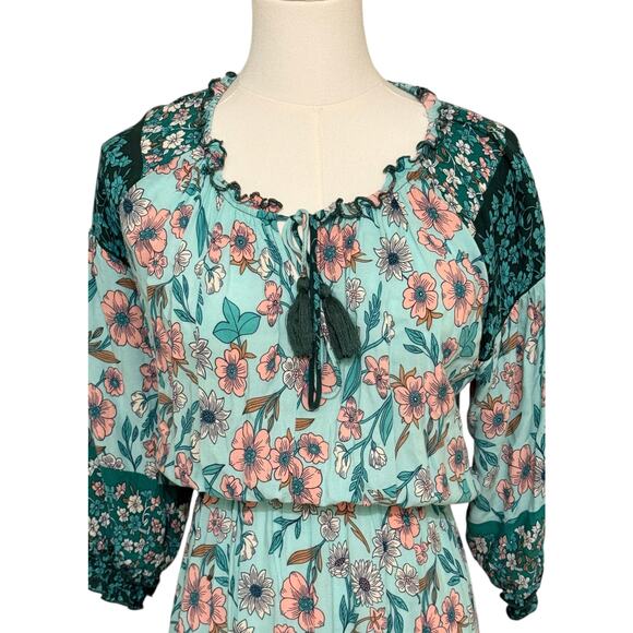 Umgee Medium Green FLoral Boho Cottage Tiered Maxi Dress Flowy Feminine - Picture 9 of 14